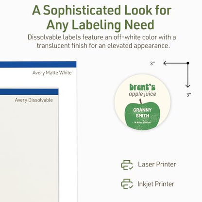 Avery Dissolvable Round Labels, Sure Feed Technology, 3" Diameter, Matte White, Print-to-The-Edge, Laser/Inkjet Printable, 60 Labels Total - style: 60 labels