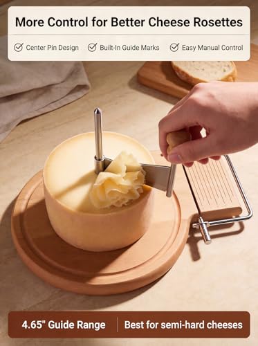 2-in-1 Cheese Curler and Slicer with Wooden Base, Stainless Steel Cheese Rosette Maker for Semi-Hard Cheese, Creates Elegant Rosettes and Uniform Slices