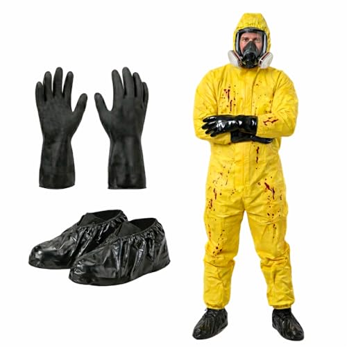 Yellow Hazmat Suit Coveralls for Men and Women, Heavy Duty Full Body Paint Suit with Premium Gloves and Shoe Covers - size: Small