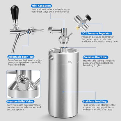 128oz Stainless Steel Mini Keg Growler Portable Kegerator, Adjustable Pressurized Mini Kegerator for Homebrew, Beer Growler Tap System for Craft Beer Cider and Kombucha