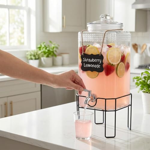 1.5 Gallon Glass Drink Dispenser, Drink Dispensers for Parties, Beverage Dispenser with Stand and Glass Lid, 100% Leakproof Spigot, Ideal for Lemonade, Juice, Iced Tea, Laundry Detergent - size: 1.5 Gallon