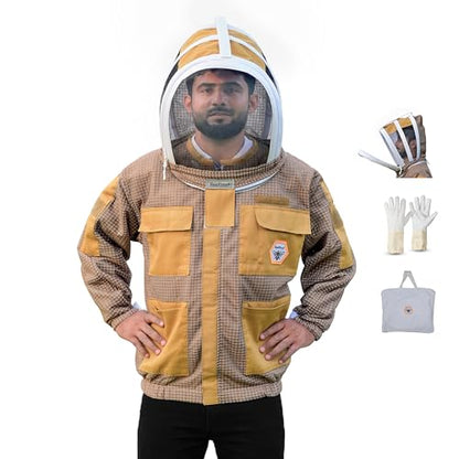 Beekeeping Jacket with Veil 3-Layer Ultra Ventilated Veil Fencing YKK Zippers Full Protection Suit Carrying Bag (BP-301-Brown)-4XL - color: Brown Fencing Veil, size: 4XL