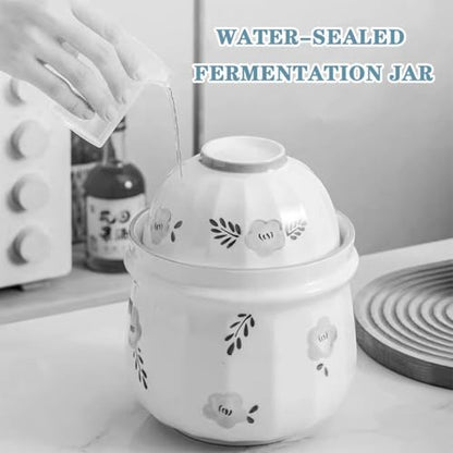 Pastoral Series Modern Pickle Jars, Traditional Water Seal Fermentation Crock, Hand-Painted Kitchen Kimchi Jar, Cherry Blossom/Purple Daylily Pattern(A)