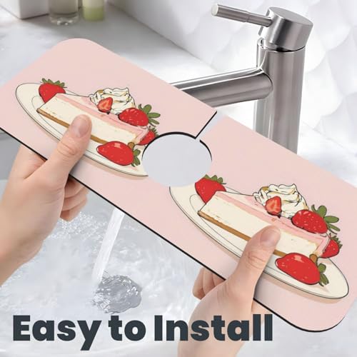 Sink Faucet Mat Strawberry Cheesecake Kitchen Splash Guard Absorbent Bathroom Sink Mat Around Faucet 15" x 5.5" Drying Mats Stone Draining Mat