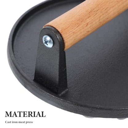 HOMSFOU 2pcs Cast Iron Grill Press with Wooden Handle for Steaks and Sandwiches, Heavy-Duty Meat Press with Grooved Bottom and Nonstick Surface, Safe for Stoves, Ovens, Grills,