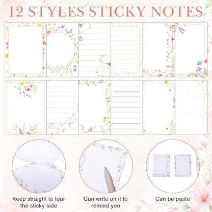 Chiisong 12 Pack Wildflower Sticky Notes Floral Sticky Notes, Self-Stick Note Pads Flower Memo Pads for Journal Planners Office Home Stationery Gift Meeting Office Supplies - style: Fresh Wildflower