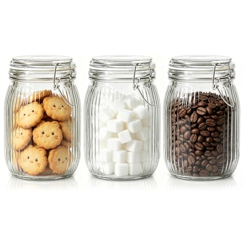 ComSaf 34oz Ribbed Glass Jars with Airtight Latch Lids - Set of 3 Farmhouse Vintage Canisters for Coffee, Sourdough Starter, Dry Goods & Fermenting, Pantry Organization & Kitchen Decor - size: 37oz*3-Ribbed