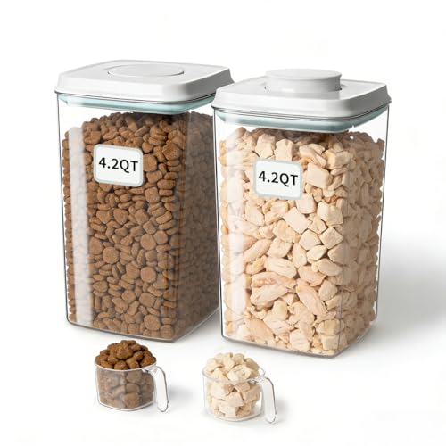 Dog Food Storage Containers Set with One-Touch Lid, (2 × 4.22 QT / 4.0 L) BPA-Free Cat Food Storage Container，Stackable Durable PET with 130ml Scoop, for Kibble & Treats Organization - color: 4.2QT*2