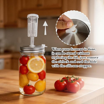 Fermentation Lids Kit for Wide Mouth Mason Jars | 6 304 Stainless Steel Fermenting Lids with 6 Airlocks, 6 Silicone Rings & Grommets-Complete Mason Jar Fermentation Set for Brewing, Fermenting(No Jars - size: 304 stainless steel lid and air valve