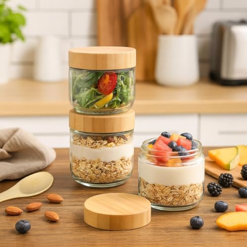 TBWIND 12 Pack 10oz Overnight Oats Containers with Airtight Bamboo Lids | Glass Jars for Salad, Yogurt Storage, Mason Jars for Snacks, Spices & Meal Prep – Reusable