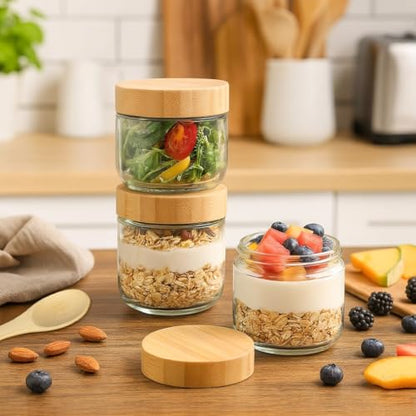 TBWIND 12 Pack 10oz Overnight Oats Containers with Airtight Bamboo Lids | Glass Jars for Salad, Yogurt Storage, Mason Jars for Snacks, Spices & Meal Prep – Reusable