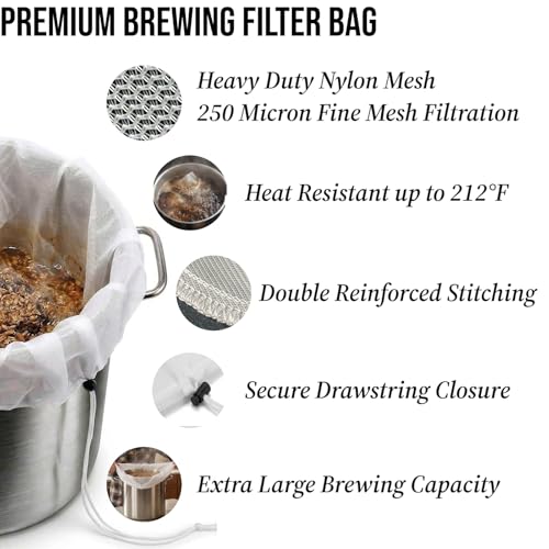 2 Pack BIAB Brewing Bag, 26" x 22", 250 Micron Reusable Fine Mesh Brew Bags with Reinforced Stitching & Drawstring, Heavy Duty Nylon Straining Bag for All Grain Home Brewing & Beer Wine Cider - size: 2Pack 26" X 22"