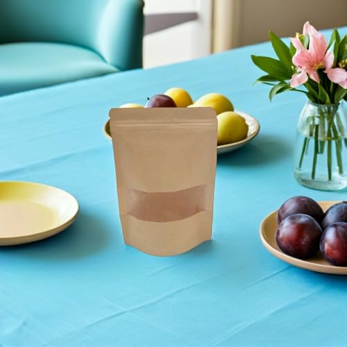 Alasum 50pcs Stand-up Kraft Paper Seal Bags with Window, Resealable Eco-friendly Food Storage Bags for Bread and Cheese, for Pantry Organizing and Snack Packaging