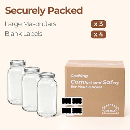 ComSaf Half Gallon Mason Jar 64oz 3Pcs, Wide Mouth Mason Jars with Lids and Seal Bands, Large Glass Canning Jars for Suntea, Pickling, Sourdough, Fermentation, Salad, Meal Prep, Food Pantry Storage - size: Half Gallon wide mouth 3PCS