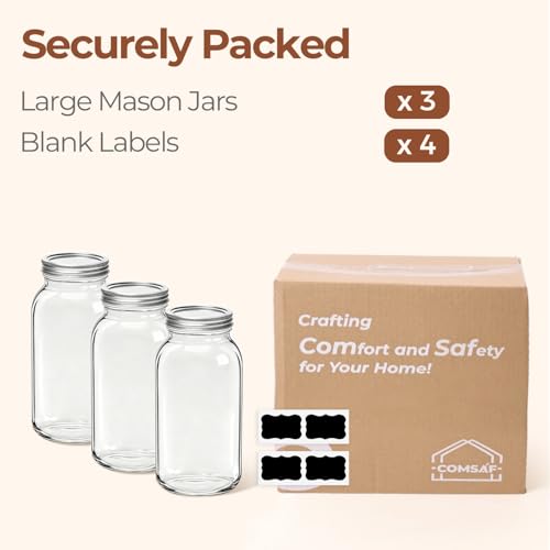 ComSaf 64 oz Wide Mouth Mason Jars 3 Pack, Half Gallon Glass Jars with Lids | BPA-Free Materials, Large Size, Canning Pickling Sauce, Meal Prep Salad, Sourdough, Flour And Sugar For Baking, Food Storage - size: Half Gallon wide mouth 3PCS