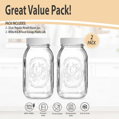 Regular Mouth Mason Jars 32 oz - (2 Pack) - Ball Regular Mouth 32-Ounces Quart Mason Jars with White M.E.M Food Storage Plastic Lids, Caps Fit Ball and Kerr Regular Mouth - For Storage, Freezing, Leak