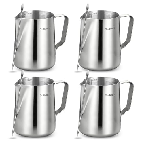 Dailyart 4 Pcs Milk Frother Cup Set - 12oz/350ml 304 Food Grade Stainless Steel Milk Steamer Cup, Dripless Spout&Internal Internal Scale - Barista Milk Pitcher Latte Art Tools for Home, Coffee Shops - size: 12 Ounces(Pack of 4)