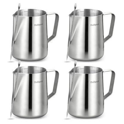 Dailyart 4 Pcs Milk Frother Cup Set - 12oz/350ml 304 Food Grade Stainless Steel Milk Steamer Cup, Dripless Spout&Internal Internal Scale - Barista Milk Pitcher Latte Art Tools for Home, Coffee Shops - size: 12 Ounces(Pack of 4)