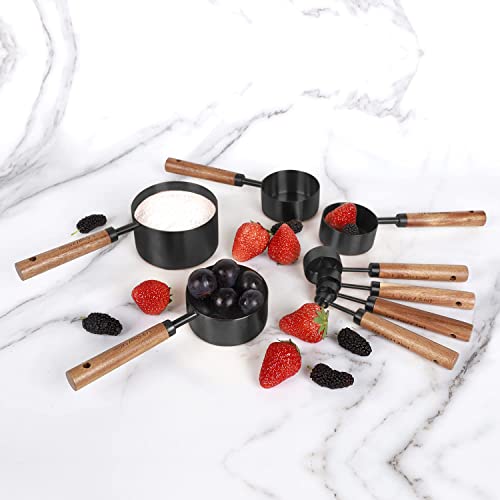 8-Piece Black Measuring Cups and Spoons Set, Stainless Steel Kitchen Measuring Set with Acacia Wood Handles for Baking and Cooking - color: Black