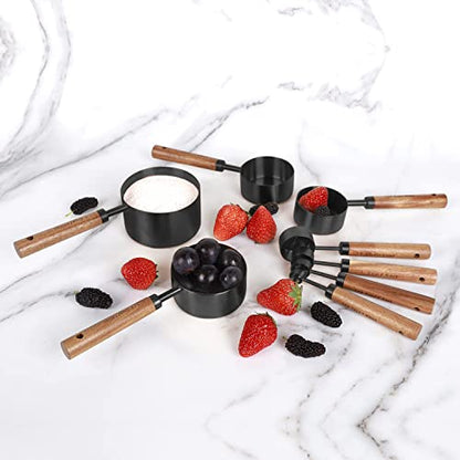 8-Piece Black Measuring Cups and Spoons Set, Stainless Steel Kitchen Measuring Set with Acacia Wood Handles for Baking and Cooking - color: Black
