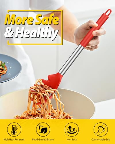 Silicone Pasta Fork and Ladle Spoon Set, Large Non Stick Kitchen Utensils for Cooking,Stirring,Serving Spaghetti, Soup, Sauce (RED) - color: Red