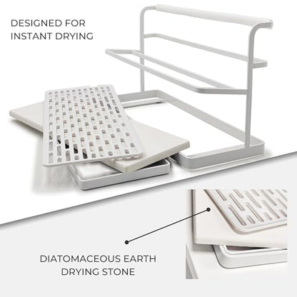 Selegna Diatomaceous Earth Bottle Drying Rack, Baby Bottle Drying Rack, Over Sink Instant Dry Small Dish Drying Rack & Bottle Dryer, Space Saving Narrow Two Tier Tower Water Bottle Drying Rack (White) - color: White