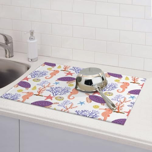 Purple Beach Sea Turtle Dish Drying Mat For Kitchen Counter, Super Absorbent Microfiber Dish Drying Pad, Kitchen Gadgets For Easy Clean Multi-Use Large 18"x24" - color: Purple Beach Sea Turtle
