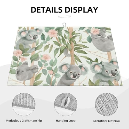 Cute Koala Holding Blossom Branch Dish Drying Mat for Kitchen Counter Microfiber Absorbent Reusable Washable 18x24in - color: Cute Koala Holding Blossom Branch