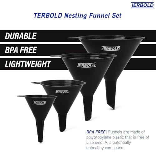4pc Funnel Nesting Set in BPA Free Plastic for Kitchen Cooking, Car Oil, Home, or Lab Use (Black)