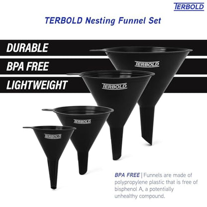 4pc Funnel Nesting Set in BPA Free Plastic for Kitchen Cooking, Car Oil, Home, or Lab Use (Black)