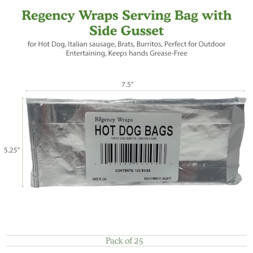 Regency Wraps Grease Resistant Serving Snack Bags, Foil-Lined Bags to Retain Heat, Perfect for Hot Dogs, Burritos, and More, 8.25” x 3.5” x 1.4" (Pack of 25) - size: Pack of 25, style: Hot Dog Bag