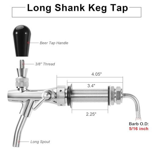 Adjustable Beer Faucet Brass Keg Tap with Stainless Steel Core Flow Control and Long Shank - 5/16'' Barb G5/8 Thread Draft Beer Tap for Kegerator, Home Brewing & Bar