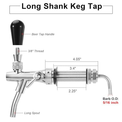 Adjustable Beer Faucet Brass Keg Tap with Stainless Steel Core Flow Control and Long Shank - 5/16'' Barb G5/8 Thread Draft Beer Tap for Kegerator, Home Brewing & Bar