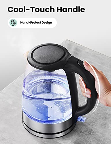 COMFEE' Glass Electric Tea Kettle & Hot Water Kettle Electric, 1.7L Electric Kettle with LED Indicator, 1500W Fast Boil, Auto Shut-Off and Boil-Dry Protection - color: glass and stainless steel, size: 1.8 Quarts