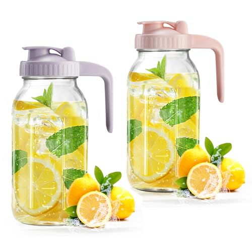 Mason Jar with Pour Spout Lid V-shaped, 2 Quart Iced Tea Pitcher Double Leak Proof, 64 oz Drink Pitcher for Breastmilk, Sun Tea, Juice, Coffee Creamer, Formula Pitche - color: Pink+Purple, size: 64 Ounces