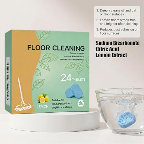 Floor Cleaning Tablets, 24 Count, Hard Floor Cleaner Tablets, Lemon Scent, Multi-Surface Effervescent Cleaner for Hardwood, Tile, Vinyl and Laminate Floors, Streak-Free