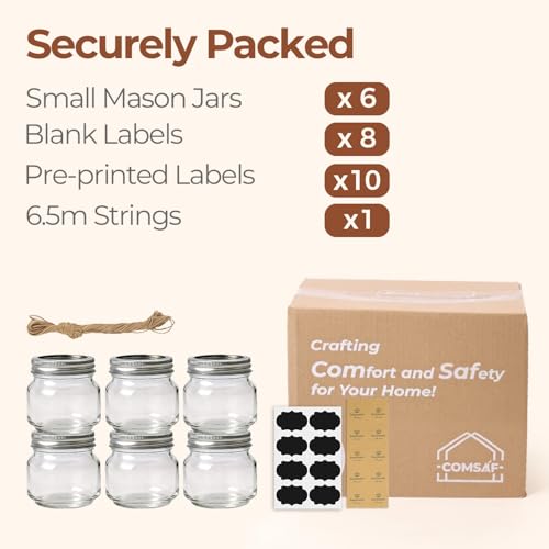 ComSaf 8 oz Square Mason Jars, 6 Pack Small Regular Mouth Jars with Lids | BPA-Free Materials, Half-Pint Portions, Small Jam, Jelly, Honey Sample, Spice Rack, DIY Candles, For Big Canning Project - size: 8oz*6 cute mason jars