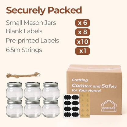 ComSaf 8 oz Square Mason Jars, 6 Pack Small Regular Mouth Jars with Lids | BPA-Free Materials, Half-Pint Portions, Small Jam, Jelly, Honey Sample, Spice Rack, DIY Candles, For Big Canning Project - size: 8oz*6 cute mason jars