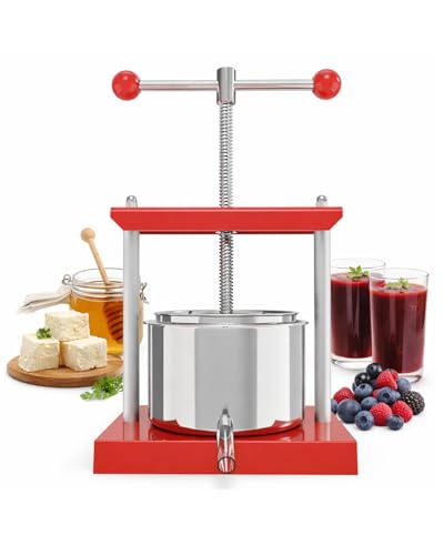 1.6 Gallon Manual Press - Professional Stainless Steel Fruit & Vegetable Squeezer with Filter Bag - Large 6L Capacity for Honey, Cheese, & Plant Infusions - Heavy Duty Top-Handle Juice Extractor - color: Red, size: 1.6 Gallon