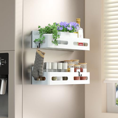 Sevenblue 2-Pack Magnetic Spice Rack for Refrigerator with Hooks, White | Strong multipurpose magnetic shelf for kitchen & bathroom organization. Includes 4 removable hooks for hanging items. - color: White, size: 2 Pack