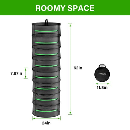 iPower Herb Drying Rack 2-Pack 8-Layer 2ft Foldable Hanging Mesh Net Dryer with Zippers, Heavy Duty Ring, Free Storage Bag and Hook, for Hydroponics Plants Herbs Petals
