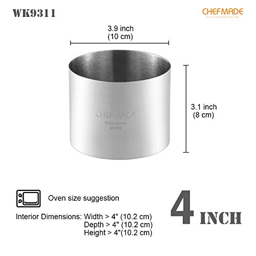 CHEFMADE Mousse Ring Mold, 4-Inch Round Non-Stick Seamless 18/8 Stainless Steel Food Molding - size: 01 - 4" Round 3" (H)