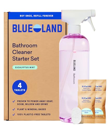 BLUELAND Bathroom Cleaner, Starter Set, Eucalyptus Mint Scent, Spray Bottle with 4 Refill Tablets, Eco-Friendly Cleaning Supplies, 4 x 24 Fl oz - style: Spray Bottle + 4 Tablets