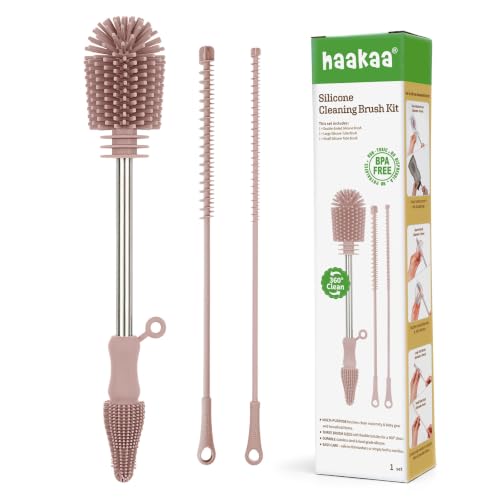 Haakaa Silicone Cleaning Brush Kit - Baby Bottle Brush Cleaner for Breast Pump,Nipple,Breast Milk Storage Bag,Reusable Straw,Sippy Cup - Food Grade Silicone Bristles, Portable - 3 Pcs - Pink - color: Pink, size: 3 Piece Set