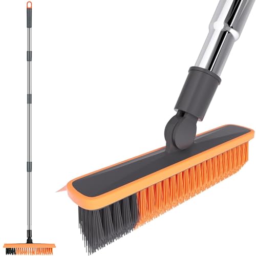 2 in 1 Floor Brush Scrubber with Long Handle Telescopic 3 Poles 61.8'' Grout Brush Scrape Stiff Bristle Cleaning Scrub Brush with Squeegee 180°Rotating Tile Brush for Cleaning Bathroom Glass Patio - color: Dark Orange Extended Pole