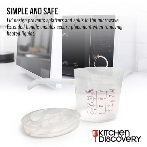 Microwavable Measuring Cup – Kitchen Discovery – 2 Cup Plastic Measuring Cup with Spout, Lid, and Extended Handle for Safe Boiling and Pouring – Microwave Safe Measuring Cup