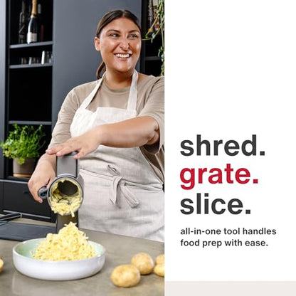 Zyliss Rotary Cheese Grater, Aluminium, 3 Steel Drum Blades, Cheese, Vegetable, Chocolate, Nut, Fruit Grater with Handle, Non-Slip Suction Foot and Table Clamp, 5 Year Guarantee - style: Grater and Drums
