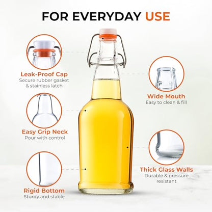 Bellemain Swing Top Glass Water Bottles – Reusable Clear Glass for Juice, Oil, Kombucha, liquor, Beer or Kefir – Airtight Flip Top Bottles for Kitchen & Brewing – Set of 4 (16oz)