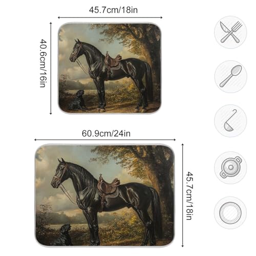 Dog Horse Tree Beige Dish Drying Mat for Kitchen Counter Super Absorbent Draining Mat with Non-slip Backed Drainer Mat for Dish Bottles Cups Bowl Countertops Sinks Draining Racks