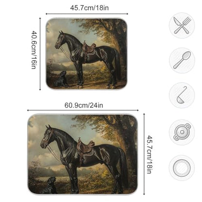 Dog Horse Tree Beige Dish Drying Mat for Kitchen Counter Super Absorbent Draining Mat with Non-slip Backed Drainer Mat for Dish Bottles Cups Bowl Countertops Sinks Draining Racks